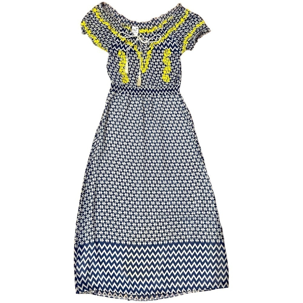 Nuny Women’s Off-Shoulder Maxi Geometric Dress Embroidered Small Blue & Yellow
